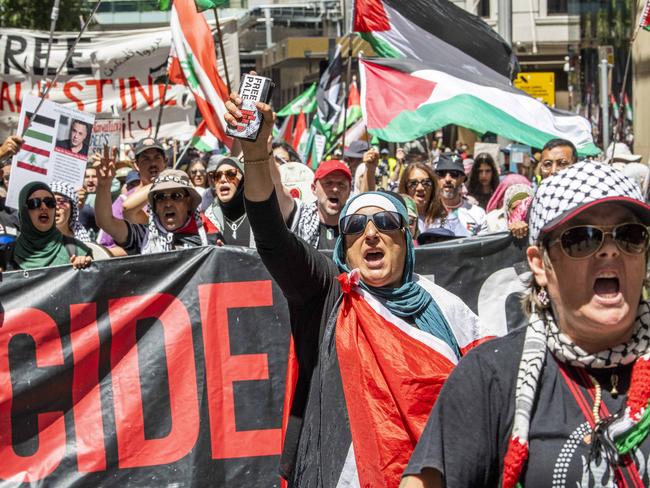 SYDNEY, AUSTRALIA - NewsWire Photos - JANUARY 12, 2025: Protestors gather and march through the city from in Hyde Park to call for an end to the ongoing war and Israel's current occupation of Gaza. Picture: NewsWire / Simon Bullard.