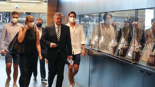 Eddie and his family enter his farewell press conference. Picture: Alex Coppel.