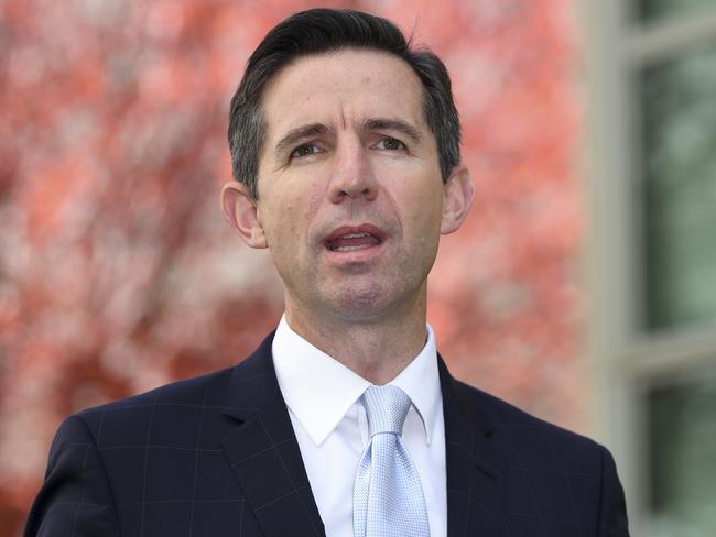 Australian Trade Minister Simon Birmingham speaks during a press conference at Parliament House in Canberra, Tuesday, May 12, 2020. (AAP Image/Lukas Coch) NO ARCHIVING
