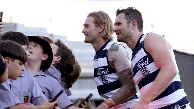 Geelong leaders Tom Stewart and Patrick Dangerfield will push for back-to-back flags. Picture: Kelly Defina/Getty Images