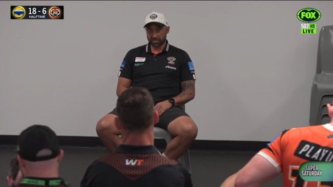 Benji Marshall talks to the troops at halftime. Photo: Fox Sports