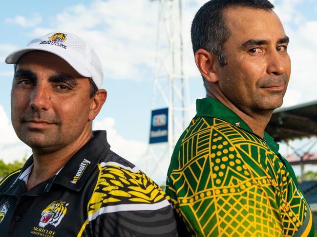 St Mary's and Nightcliff coaches  Chris Baksh and Anthony Vallejo before the 2020 NTFL Grand FinalPicture: Che Chorley