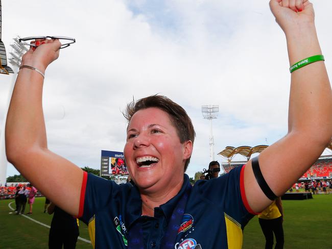 GOLD COAST, AUSTRALIA - MARCH 25:Crows coach  Bec Goddard celebrates during the AFL Women's Grand Final between the Brisbane Lions and the Adelaide Crows on March 25, 2017 in Gold Coast, Australia.  (Photo by Jason O'Brien/Getty Images)