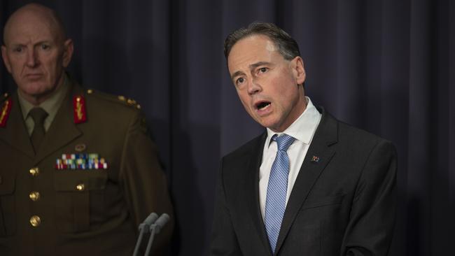 Health Minister Greg Hunt says ‘we on track to offer every Australian a vaccine who is eligible during the course of 2021’. Picture: Martin Ollman