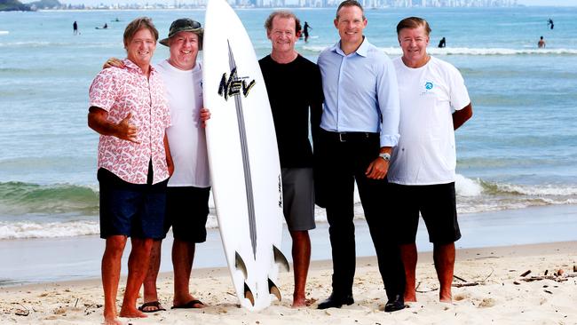 World Surfing Reserve Gold Coast ambassador Cheyne Horan, WSRGC chairman Andrew McKinnon, Global Wave Conference key speaker Nev Hyman, Queensland Minister for Sport and surfer Mick de Brenni; and former world champion and WSRGC patron Wayne 'Rabbit' Bartholomew at the official launch of the Global Wave Conference at Currumbin Alley. Photo: SCOTT POWICK