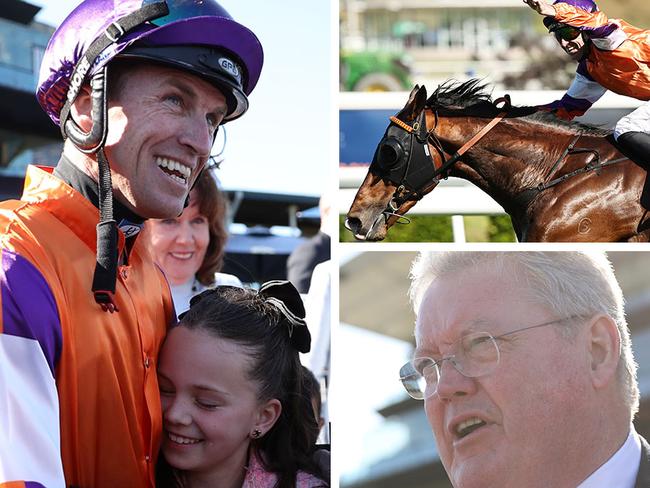 Jockey Josh Parr (left) celebrates with his daughter after his victory aboard El Castello (top right) for trainer Anthony Cummings (bottom right) in the Group 1 Spring Champion Stakes at Randwick. Pictures: Getty Images