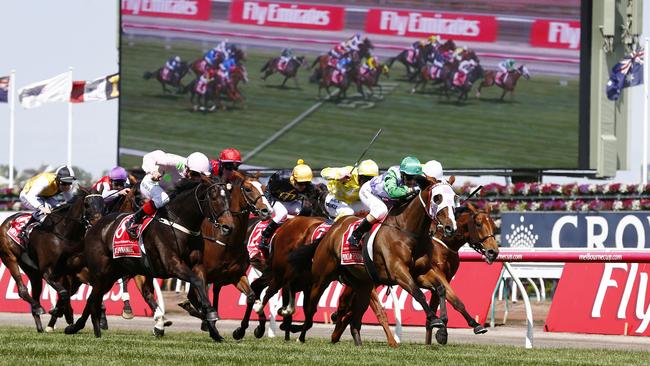 Prince Of Penzance charges to the front in the Melbourne Cup. Picture: Colleen Petch