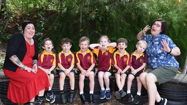 MY FIRST YEAR: Funny Faces. Monkland State School Preps, Gympie. (LtoR) Teacher aide Shirl Bembrick, Buddy Colbourn, Oliver Hussie, Jonty Bailey, Tayla Bailey, Archie Negus, Braxton Russell and Teacher Su Foster. Picture: Patrick Woods.