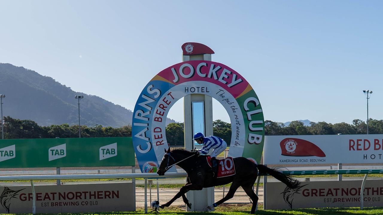 Horse Bombasy and Jockey Jason Taylor finishing first at day one of the Cairns Cup.