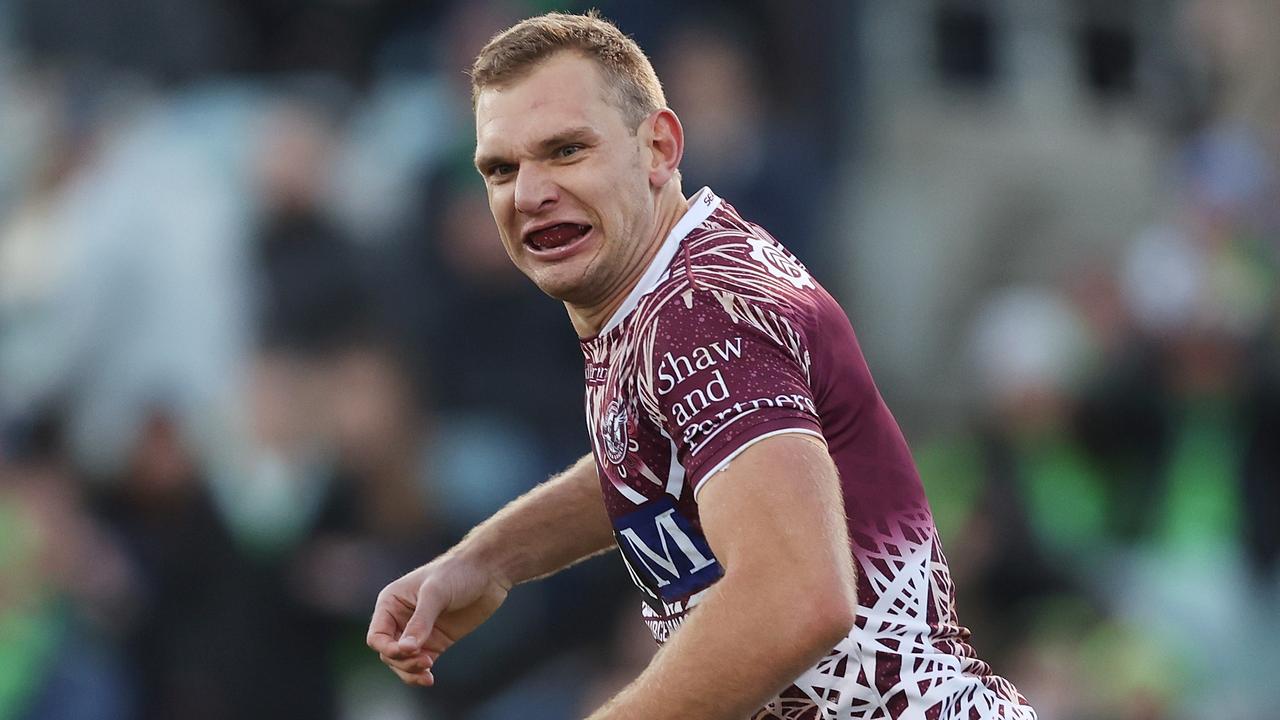 Tom Trbojevic celebrates a try in the first half. Picture: Getty