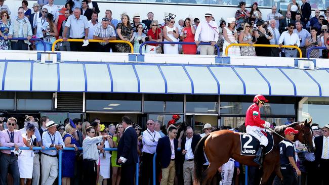 A big crowd gathers to watch the horses parade before the running of the 2YO Classic at last year’s Magic Millions. Picture: Adam Head