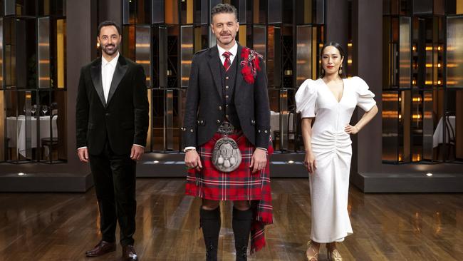 Jock Zonfrillo (centre) with fellow MasterChef Australia 2021 judges Melissa Leong and Andy Allen. Picture: Network Ten