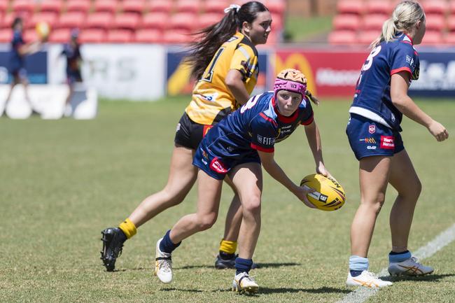 Mia Byrnes for Western Clydesdales against Sunshine Coast Falcons in Harvey Norman under-19s QRL trial match at Clive Berghofer Stadium, Saturday, February 3, 2024. Picture: Kevin Farmer