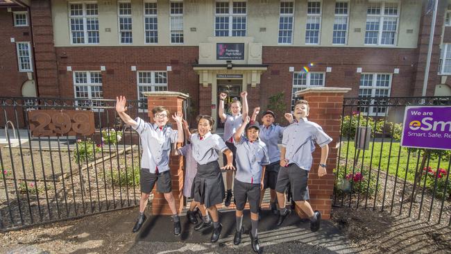 Year 7 students celebrate the grand opening of the school. Picture: Rob Leeson