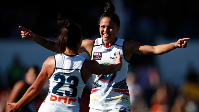 Stevie-Lee Thompson of the Crows celebrates a goal. Picture: Adam Trafford/AFL Media/Getty Images