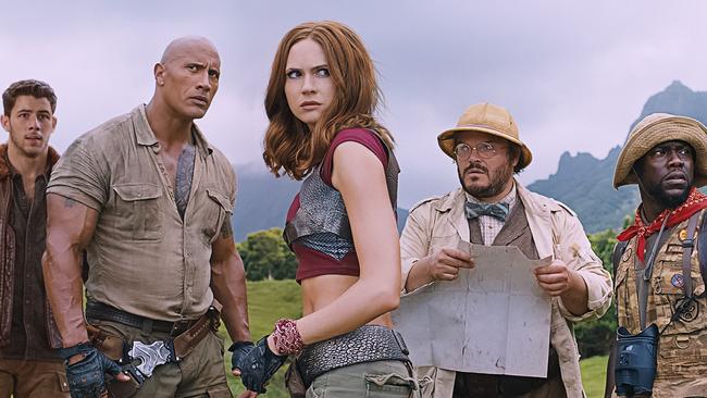 Nick Jonas, Dwayne Johnson, Karen Gillan, Jack Black and Kevin Hart in a scene from Jumanji: Welcome To the Jungle.