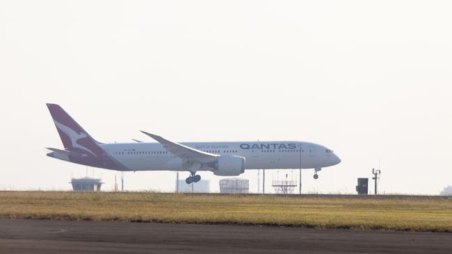 A Qantas flight carrying Australian citizens returning from India touches down at RAAF Base Darwin, with passengers to be transported to the Howard Springs quarantine facility. Picture: ADF, Supplied