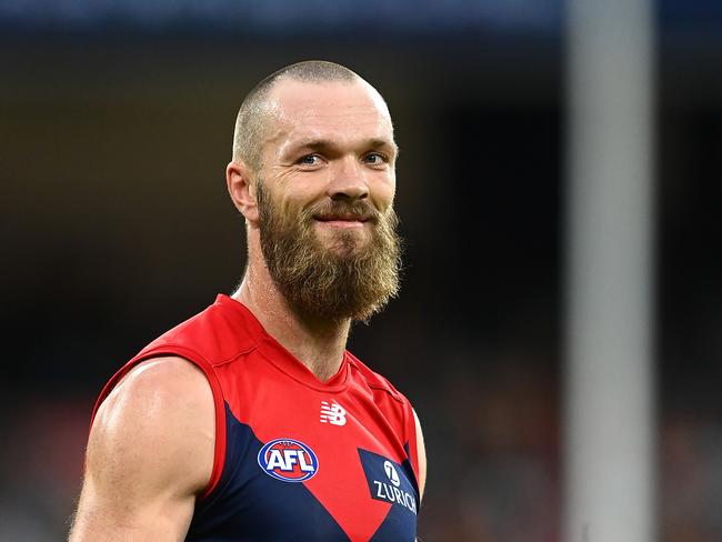 MELBOURNE, AUSTRALIA - APRIL 18: Max Gawn of the Demons celebrates kicking a goal during the round five AFL match between the Hawthorn Hawks and the Melbourne Demons at Melbourne Cricket Ground on April 18, 2021 in Melbourne, Australia. (Photo by Quinn Rooney/Getty Images)