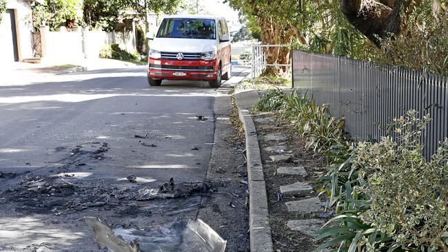 The scene on Fleming St in Northwood where a car, used in the shooting of crime tsar Bilal Hamze in the CBD, was dumped and torched. Picture: Toby Zerna