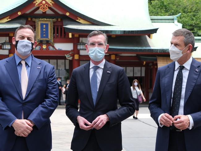 Premier Dominic Perrottet at Hie Shrine with NSW Trade Commissioner Michael Newman and Department of Premier and Cabinet Secretary Michael Coutts-Trotter. Picture: James O'Doherty