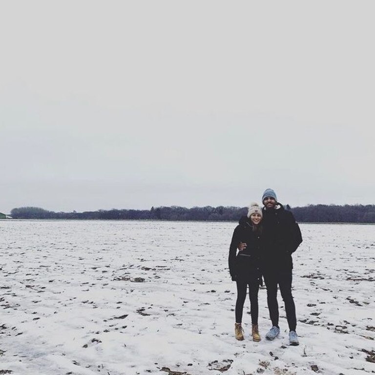 Greg Inglis with Alyse arrived in England this month where it snowed in his first week. Picture: Instagram