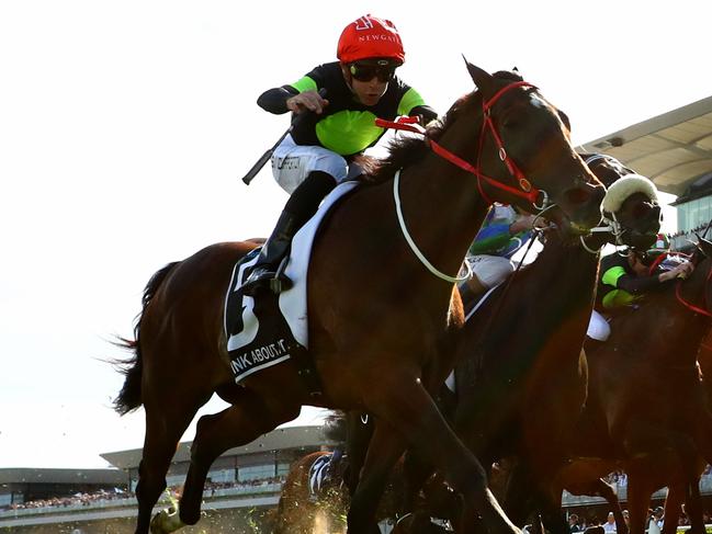 SYDNEY, AUSTRALIA - OCTOBER 14: Sam Clipperton riding Think About It  wins Race 7 The TAB Everest during Sydney Racing - TAB Everest Day at Royal Randwick Racecourse on October 14, 2023 in Sydney, Australia. (Photo by Jeremy Ng/Getty Images)