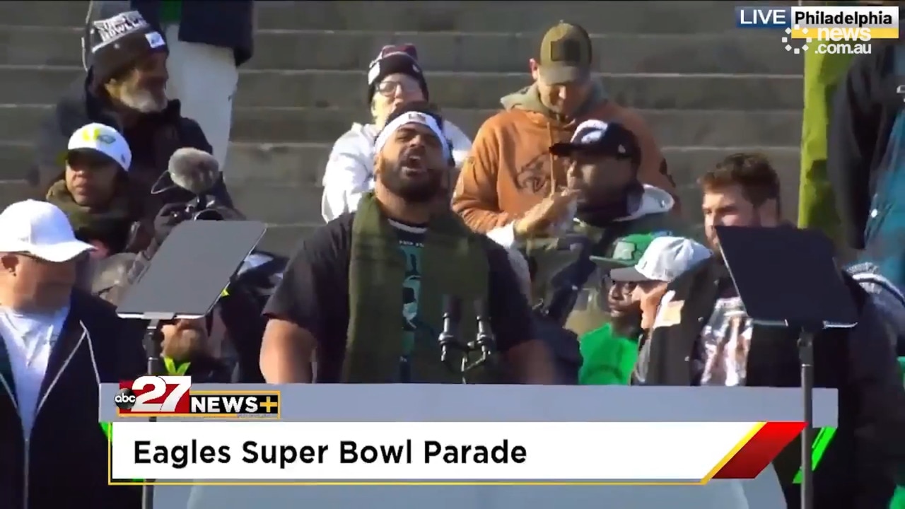 Jordan Mailata sings his heart out during Super Bowl parade