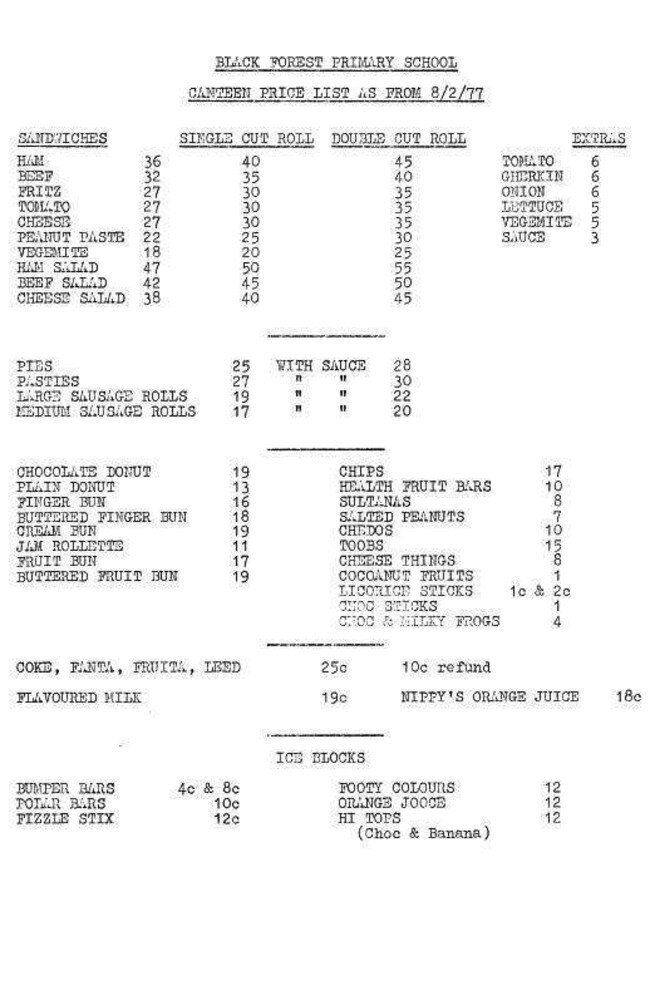 Black Forest Primary's 1977 school canteen menu.