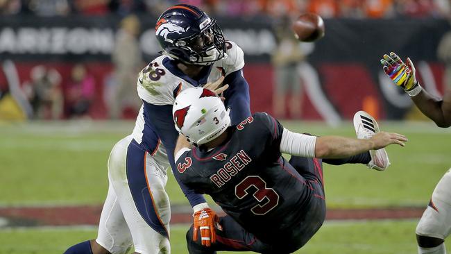 Denver Broncos linebacker Von Miller hits Arizona Cardinals quarterback Josh Rosen. Picture: AP