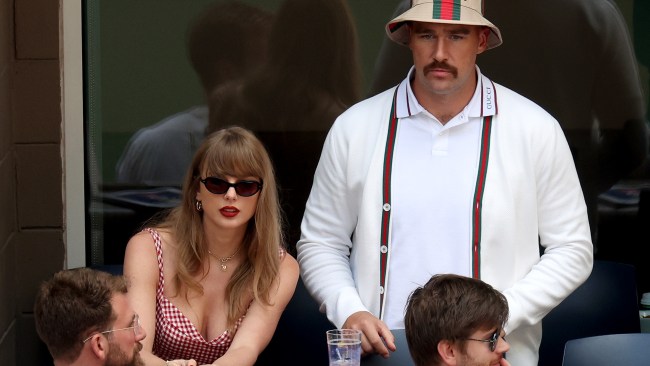 Taylor Swift and Travis Kelce of the Kansas City Chiefs attend the Men's Singles Final match between Taylor Fritz and Jannik Sinner at the 2024 US Open at USTA Billie Jean King National Tennis Center on September 8, 2024 in the Flushing, New York. (Photo by Jamie Squire/Getty Images)