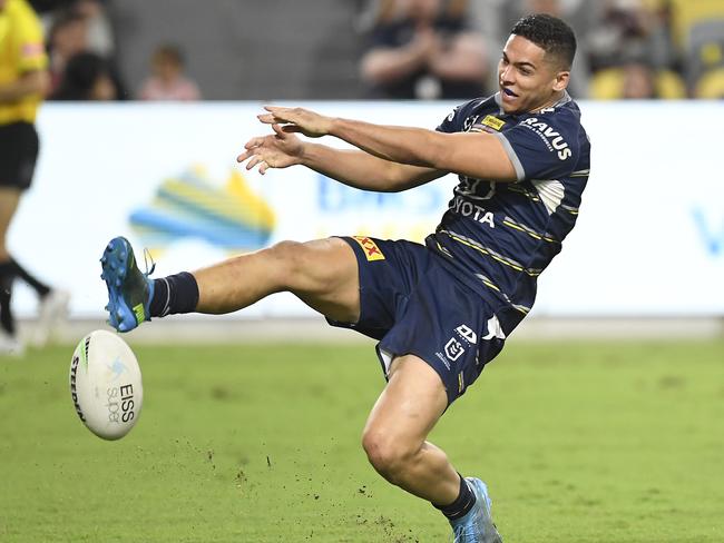 Heilum Luki whiffs the kick in his post-try celebration. (Photo by Ian Hitchcock/Getty Images)