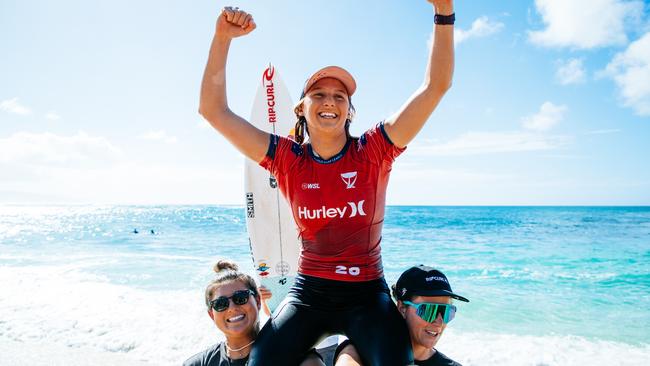 Molly Picklum of Australia after winning the Hurley Pro Sunset Beach in February at Oahu, Hawaii. Picture: Tony Heff/World Surf League