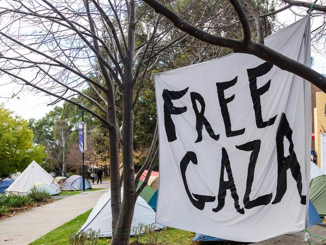 More than 20 tents form the encampment at the University of Tasmania. Picture: Linda Higginson