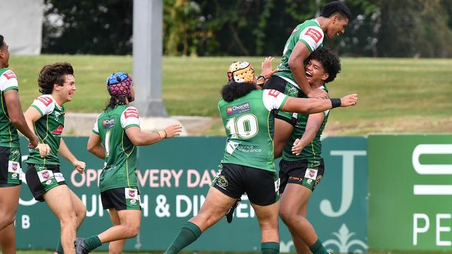 Larry Siala after scoring a try playing league for the Jets earlier this year. Picture: Patrick Woods.