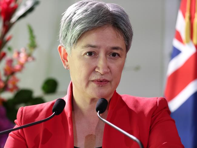 Foreign Minister Penny Wong giving yet another speech monstering Israel on the very night before Albanese’s visit. Picture: Getty Images