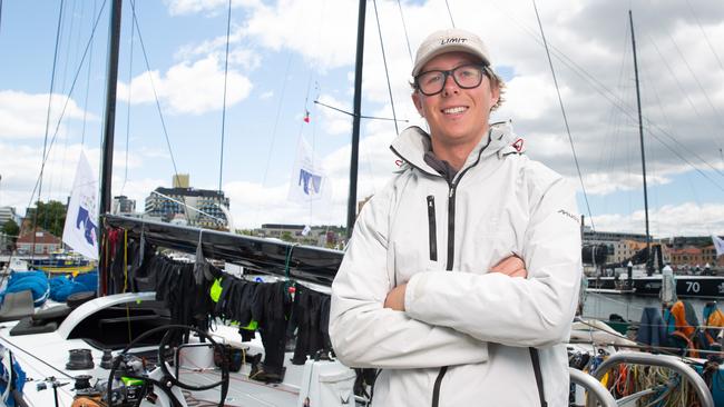 Sailor Charlie Goodfellow after his arrival in Hobart on No Limit in the Sydney to Hobart. Picture: Linda Higginson