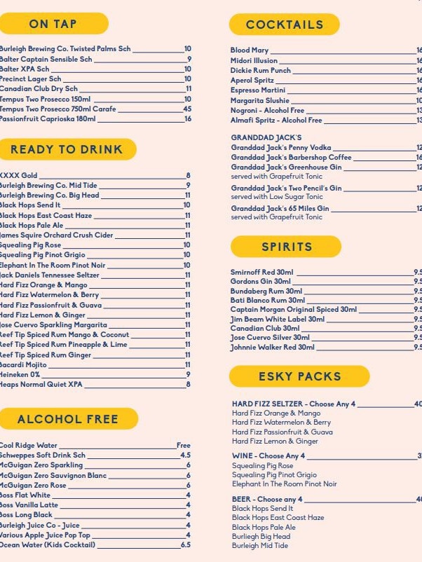 Kurrawa Beach Club drinks menu