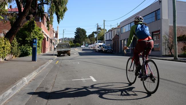 A bike rider on Collins St in Hobart. The Bicycle Network has launched a petition calling on the Hobart City Council to establish an All Ages and Abilities cycle route on Collins St, between the Hobart Rivulet and Murray St. Picture: Supplied