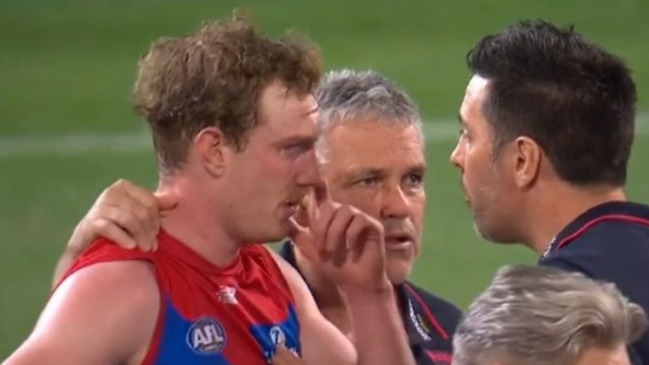 Harrison Petty seen upset after he was sledged by Lions Dayne Zorko. Pic: Channel 7