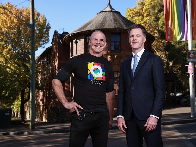 Daily Telegraph. 18, April, 2023. Ian Roberts and Premier Chris Minns, outside the old Darlinghurst Police Station, which is the new home for Qtopia Sydney. Picture: Justin Lloyd.