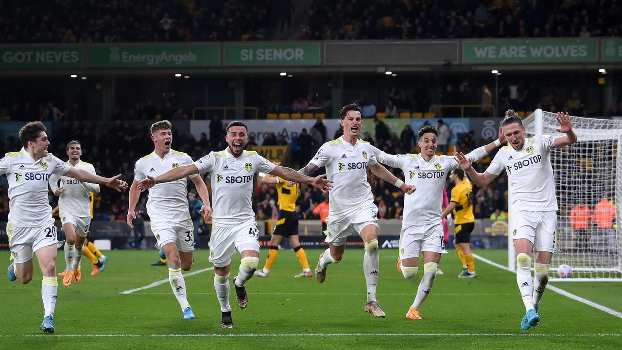 It was complete euphoria for Leeds fans as Luke Ayling scored a stoppage time winner against Wolves. (Photo by Laurence Griffiths/Getty Images)