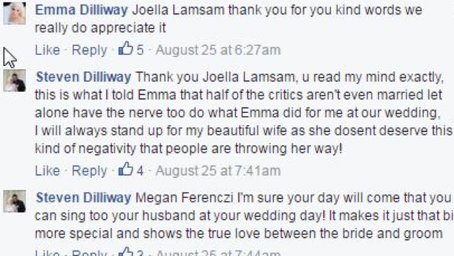 Thankful for support: Some of the duo’s Facebook exchange with supporters.