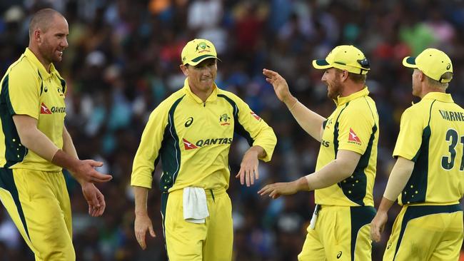 Australian paceman John Hastings (left) took six wickets against Sri Lanka on Wednesday.