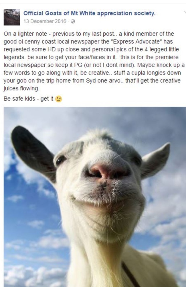 The goat loving folk makes up chuckles based around the Capra genus. Many hearty, goaty lols. Picture: Facebook.