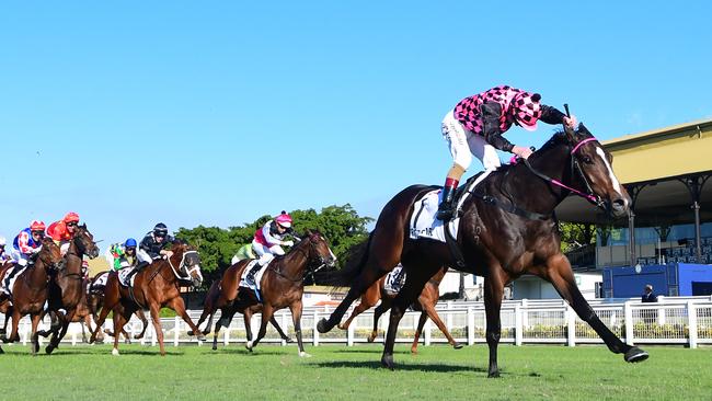 Rothfire, ridden by Jim Byrne, wins the JJ Atkins Stakes at Eagle Farm. Picture: Trackside Photography