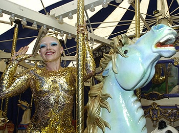 Fringe Festival ... Empress Stah test drives the carousel at the Garden of Unearthly Delights.