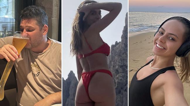 Fev sinks a beer to kickstart his overseas holiday while daughter Mia works out and Nadia shows off her glutes. Picture: Supplied