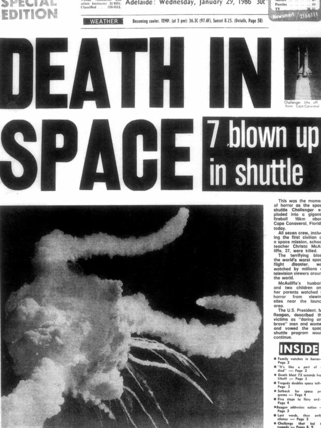 A newspaper front page from 29 Jan 1986. Space shuttle "Challenger" disaster.