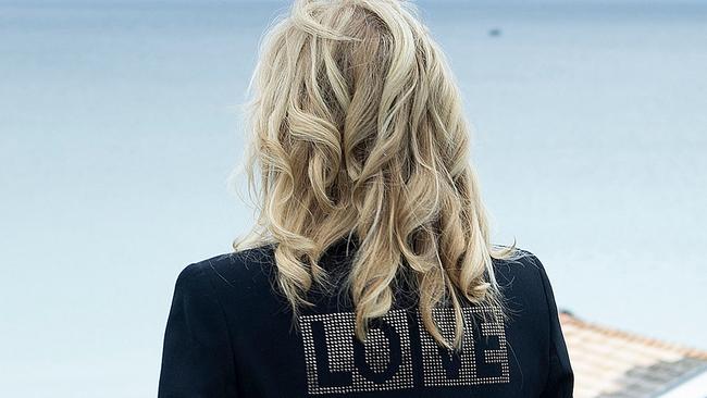 US First Lady Jill Biden, wearing a jacket emblazoned with the words 'love'. Picture: AFP