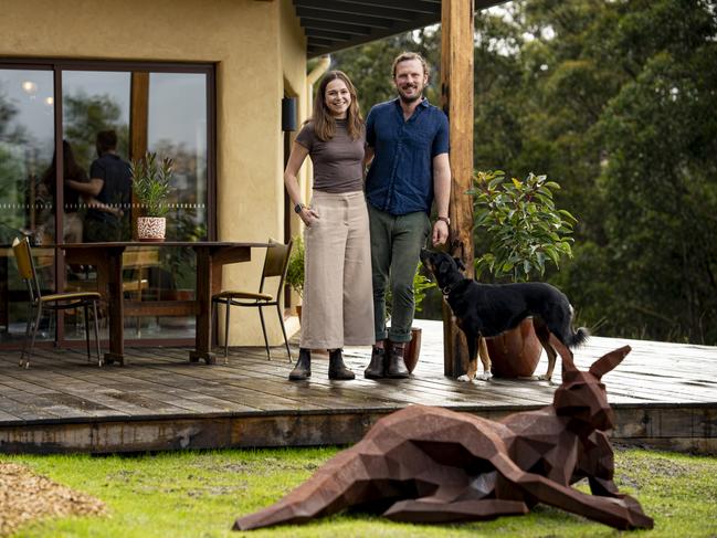 Homeowners Chloe Meyer and Dan Rawlins on their property at Franklin, Tasmania. Picture: Brad Harris